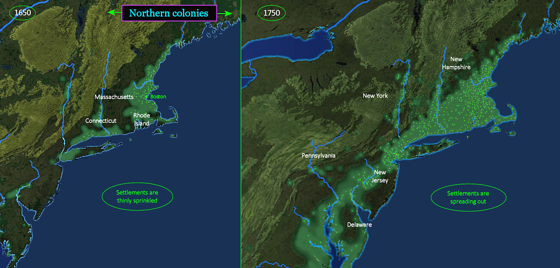 New England growth, 1650-1750 map